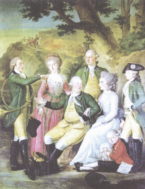 La famille de Richard d'Ivry en tenue de veneur après une chasse au chevreuil - Fin du XVIIIe siècle - Collection particulière